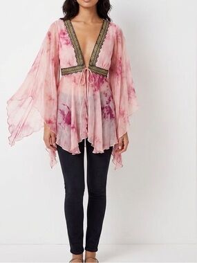To the Max Sheer Pink Tie-Front Blouse with Black Lace Trim